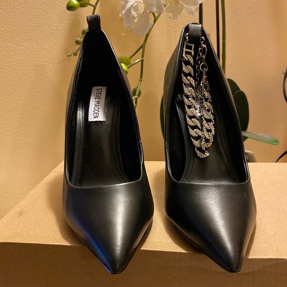 Steve Madden Womens Zippy Bell-Heel Chaine Black Leather 8M - Picture 2 of 7